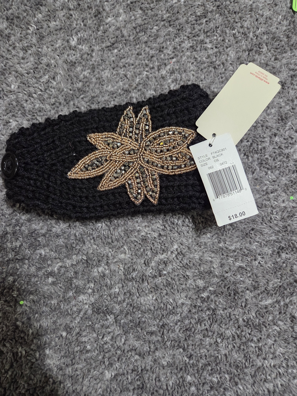 Black Beaded Floral Knit Headband